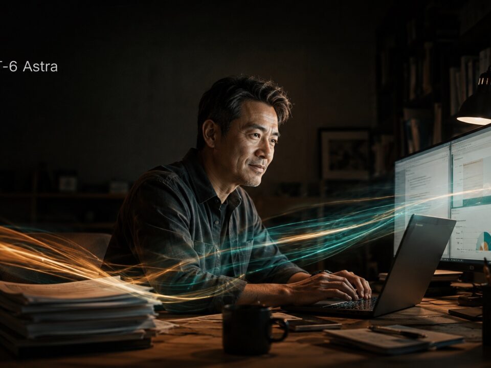 GPT-6 Astra AI 工作流程加速概念圖：中年工作者在電影感書房操作文件、試算表與簡報